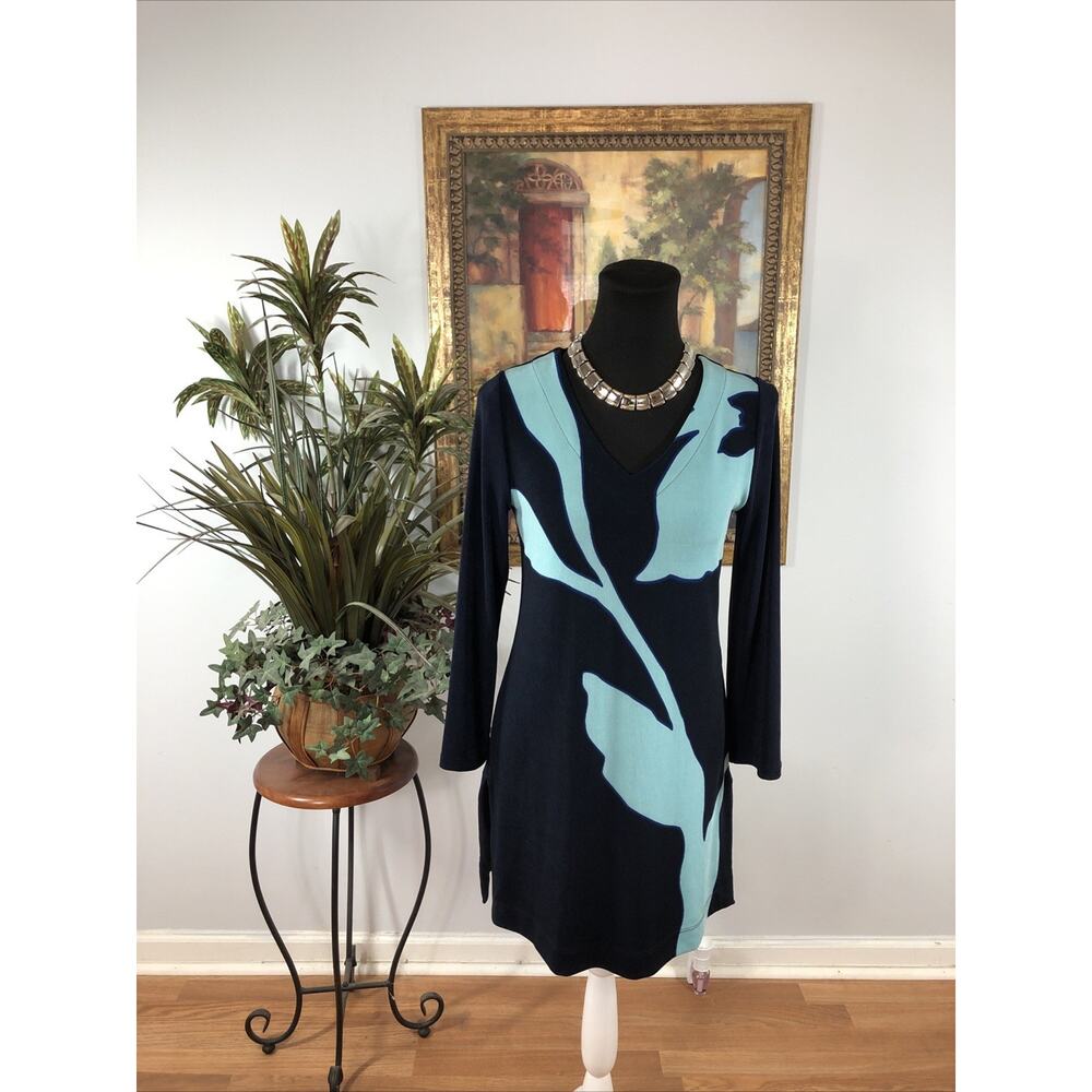 Chico’s Women’s XS 3/4 Sleeve Mini Dress – Navy Blue & Aqua Abstract Print Boho